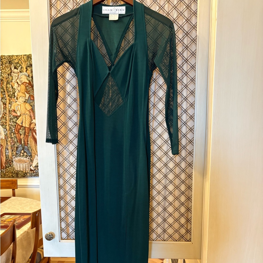 Lillie Rubin vintage mid 1970s Hunter Green gown. Sheer arms and panels.